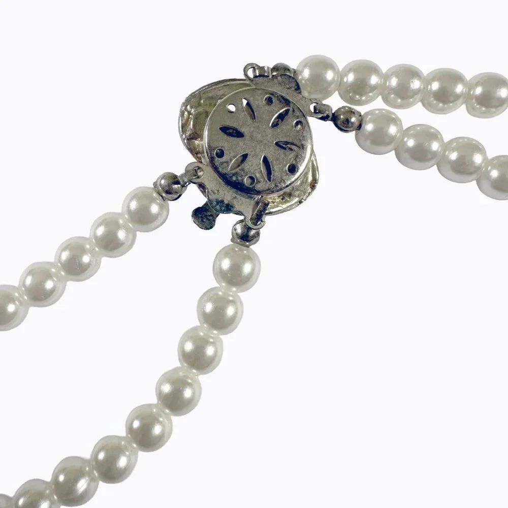 Vtg Double-Strand Pearl Necklace Choker Rhinestone Pendant Victorian Edwardian